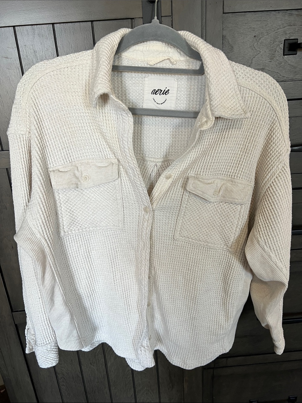 aerie Cream Waffle-Knit Button-Down Shirt
